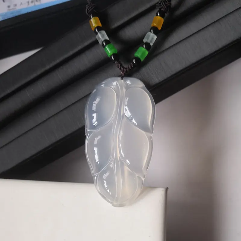 Natural Ice Chalcedony Leaf Pendant Unisex Crystal Jade Agate Necklace Charm