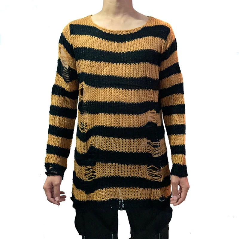 Women Goth Punk Sweaters Ripped Hollow Out Pullover Shirt Oversized Striped Knit Casual Clubwear Fall Winter Tops