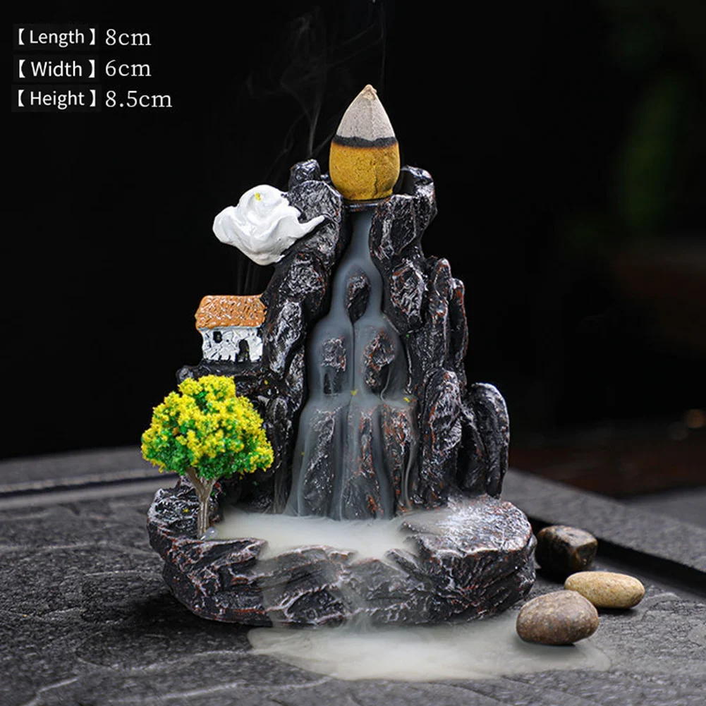 AC88-Mountains River Waterfall Fragrance Fireplace Backflow Smoke Censer Holder Decoration For Home 1 Piece E