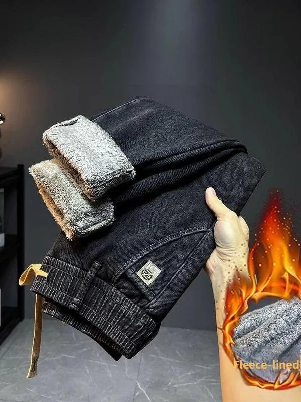 

Мужские джинсы Thiened Fce, зимние, прямые, повседневные, свободного кроя, с эластичным поясом, средней посадки, однотонные, на завязках