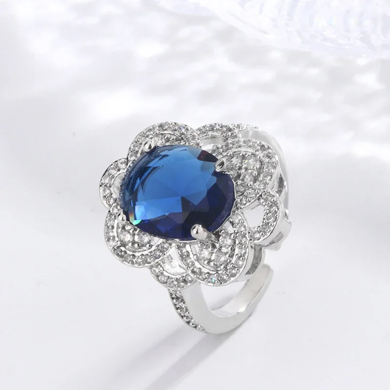 NewHigh-end Banquet Party Accessory S925 Silver Plated Blue Oval Open Ring Gorgeous Fashion Shiny Full of Diamond Zircon