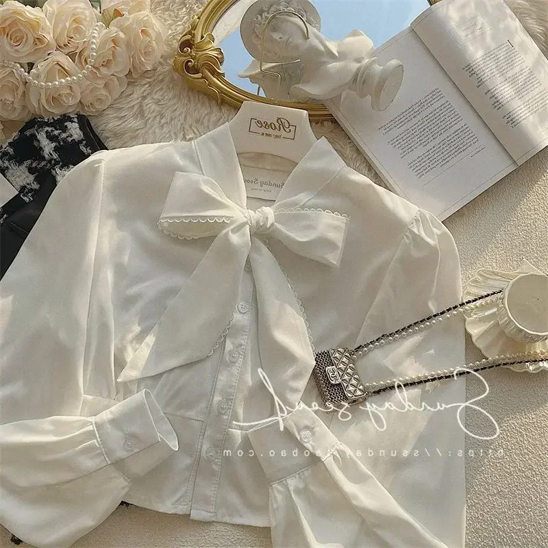 DAYIFUN-Large Bow Neck Shirts for Women Long Sleeve Folding Blouses Thousand Bird Check Vests Casual Simple Tops 2 Pcs Sets