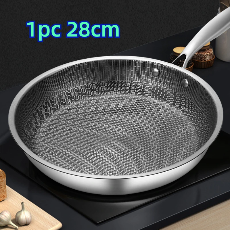 28cm Stainless Steel Frying Pans Non-stick Cooking Wok Honeycomb Structure Egg Frying Saucepan Cooking Pots Kitchen Accessories