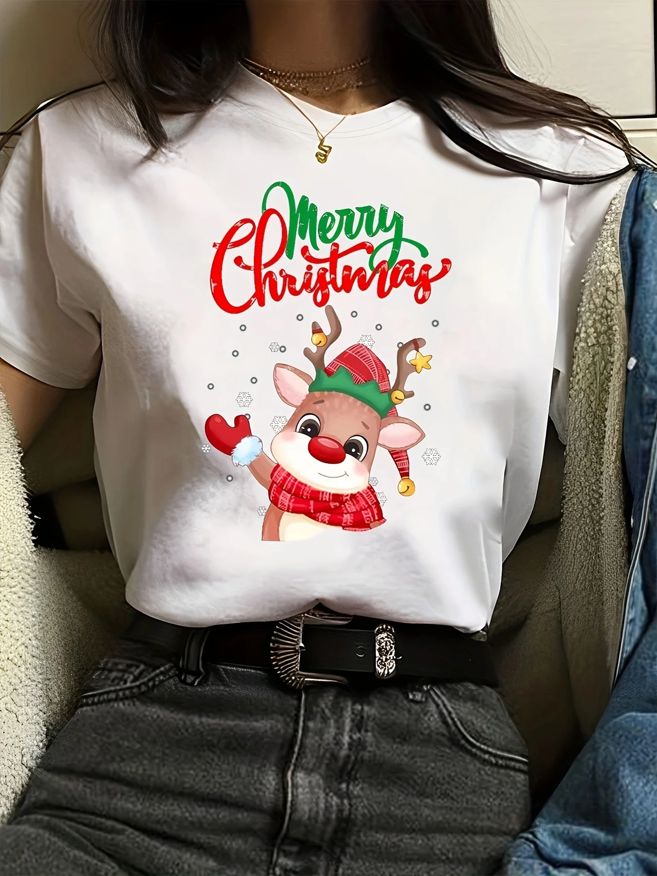 Little Deer Christmas Blessing Printed Women'S T-Shirt Harajuku Short Sleeve Casual Clothing Street Tops Tees Aesthetic Clothes