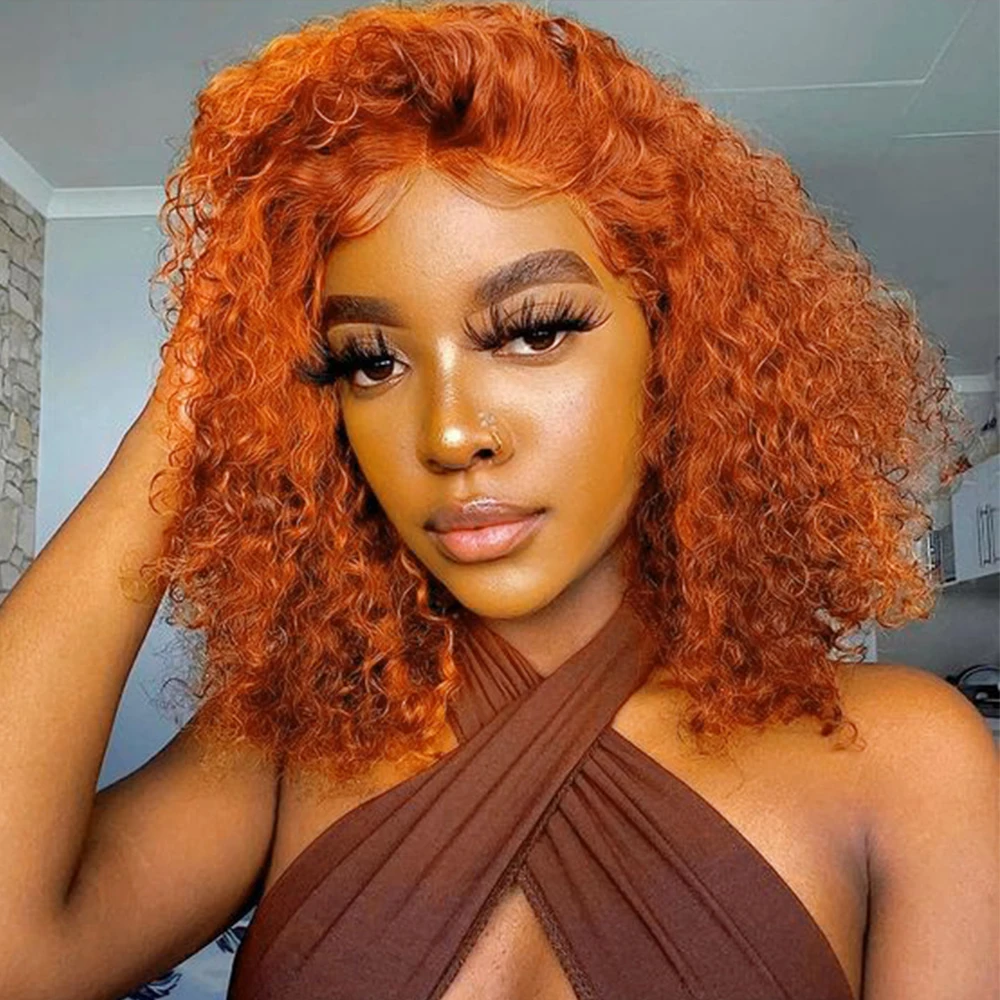 Ginger Orange Bob Wig Water Wave Curly Wig 100% Raw Human Hair  #350 Colored Bob Wig 180% Density Deep Wave 13X4 Pre Plucked Lace Frontal Bob Wig For Women