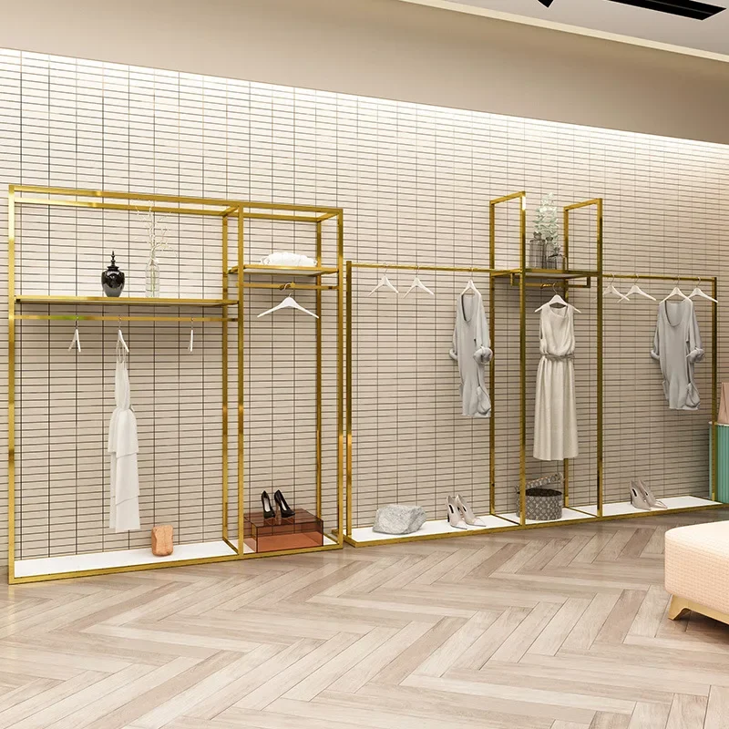 Stainless steel hanger display floor-to-ceiling women's clothing store brushed clothes shelf