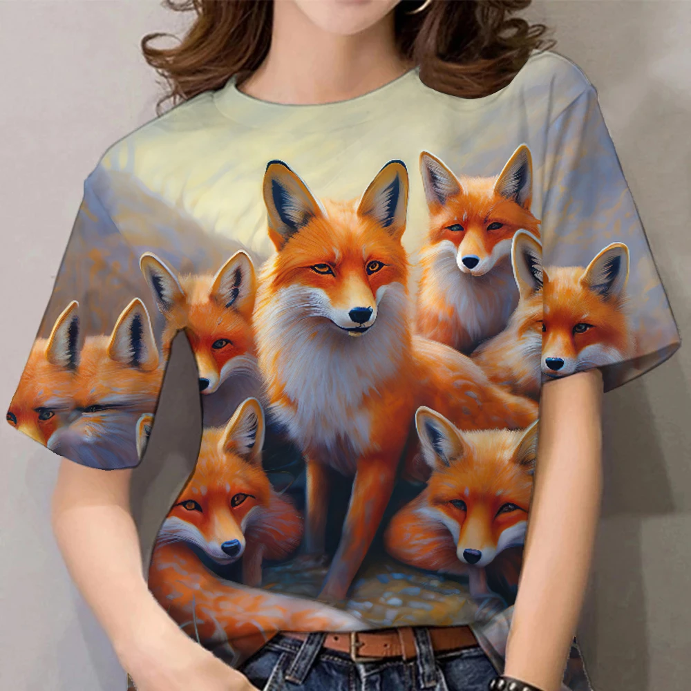 3D Cartoon Animal Print Fashion Cute Fox Pattern Women\'s T-shirts Casual Summer Short Sleeves Tees Tops Female Clothing Pullover