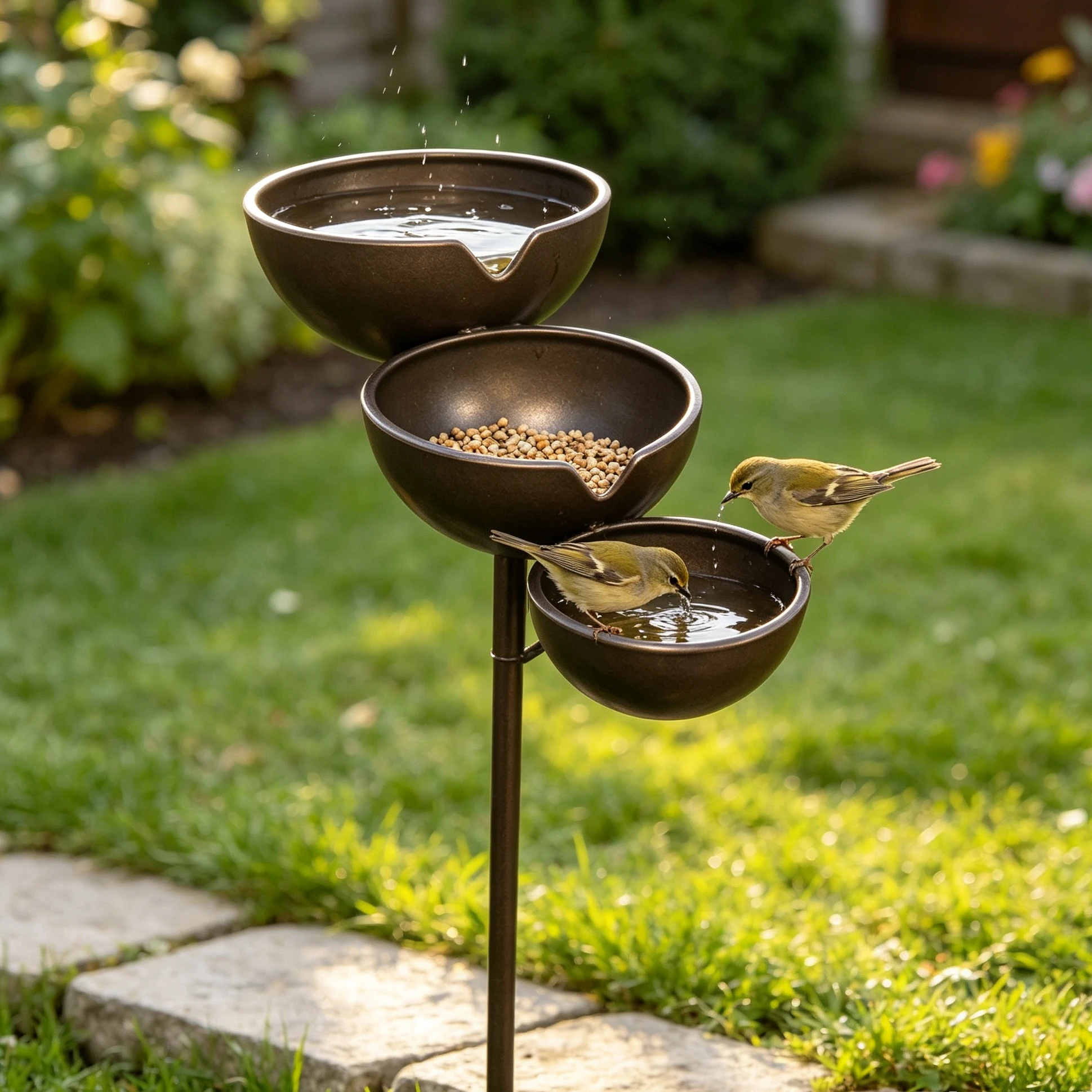 3-Layer Standing Birdbath with Rain Collector Metal Pole Hanging Water Feeder Bowl for Wild Birds Backyard Garden Statue Decor