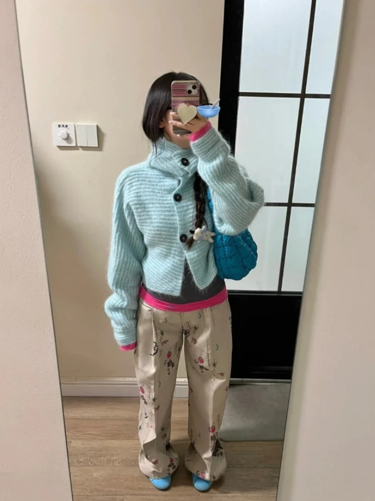 Mulheres lapela única fileira botão de malha sólida cardigan outono inverno moda oversized curto outerwear casual manga longa casaco novo