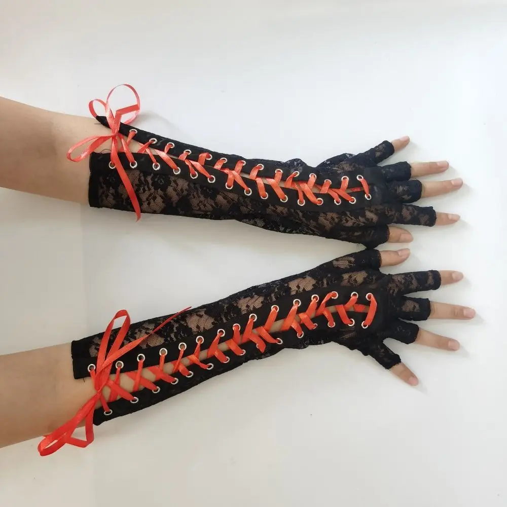 

Sweet Elastic Lace Strap Gloves Long Gloves JK Cloth Ribbon Half Finger Gloves Sun Protection Lolita Women Gloves Nightclub