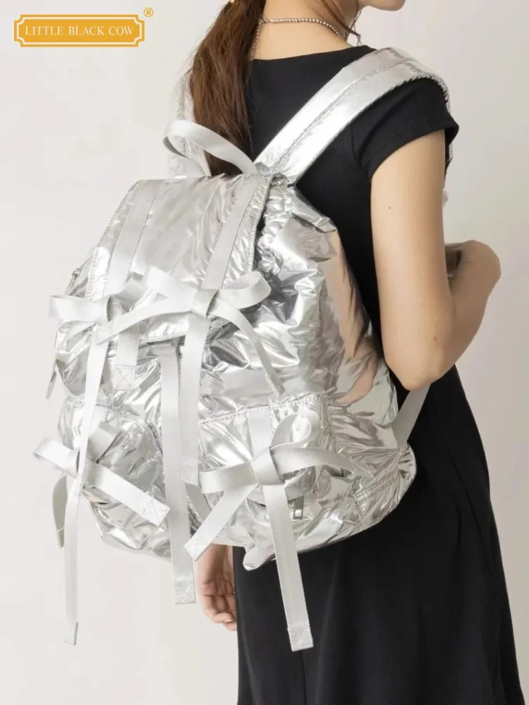 

Sweet Ladies Multi Bowknot Schoolbag Satchel Women Large Capacity Backpack New Fashion Light Weight Outside Shoulder Bags Silver