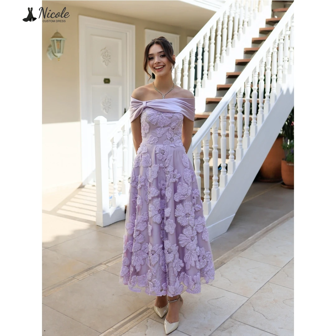 

Nicole Elegant Evening Party Dresses Luxury 2025 Luxury Evening Dress Custom Made 2D Embroidery Flowers Line A Card Shoulder