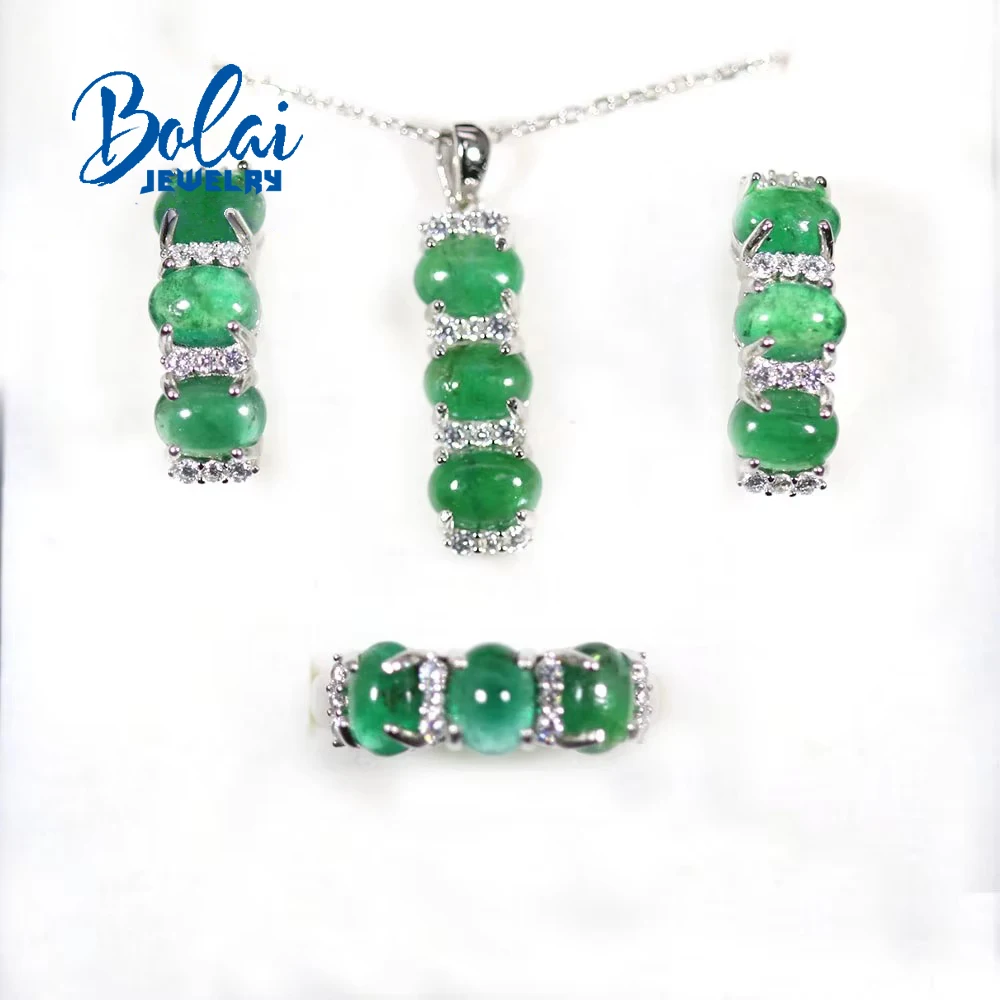 Luxury emerald Jewelry set oval 5*7mm natural Zambia green gemstone fine jewelry clasp earring ring pendant 925 sterling silver