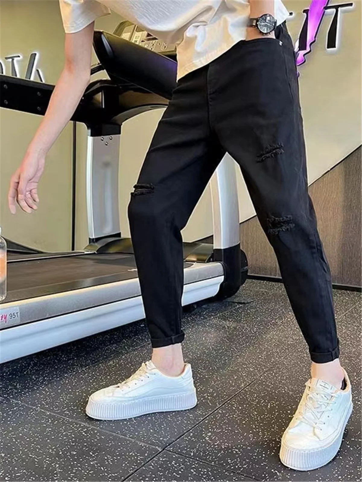 

Мужские джинсы Slim Fit с рваными коленями, модные, узкие, укороченные (до щиколотки), весенне-осенние, повседневные, в японском ретро-стиле