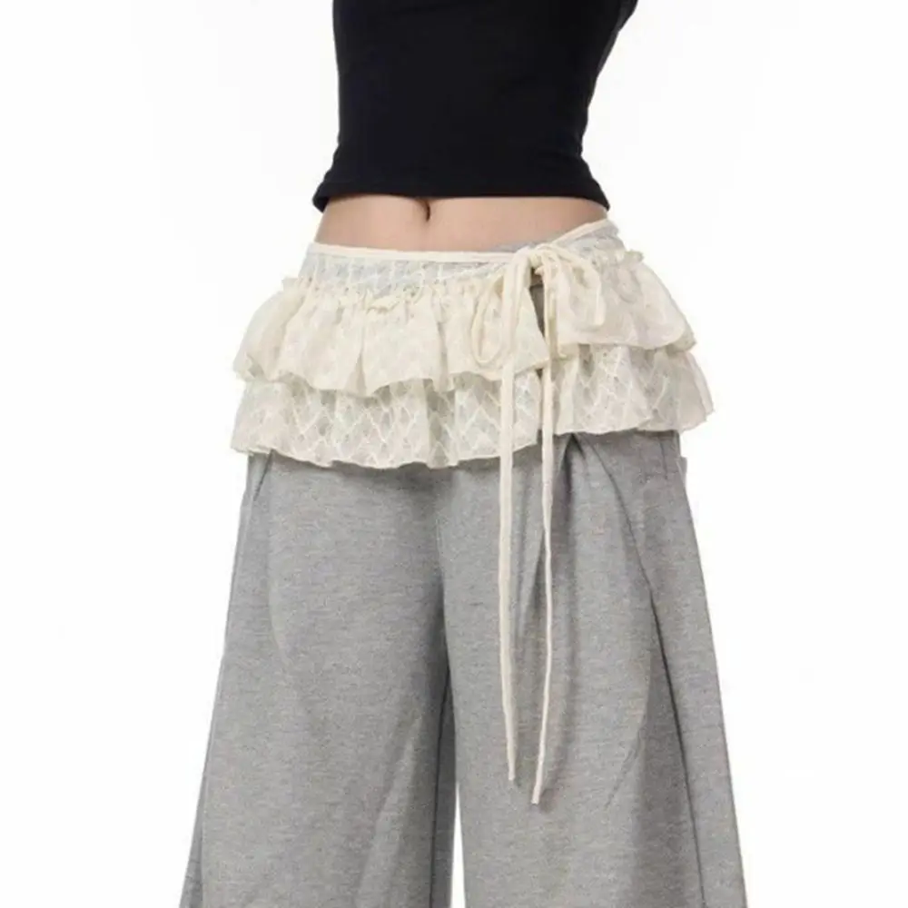 Rok Mini Renda Balletcore Elegan Rok Pendek Ruffle Gaya Korea Rok Bunga Wanita