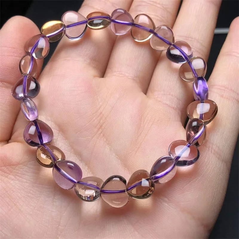 Natural Ametrine Heart Bracelet Bangle Bead Crystal Healing Stone Stretch Polychrome Gemstone For Women Birthday Present 1pcs