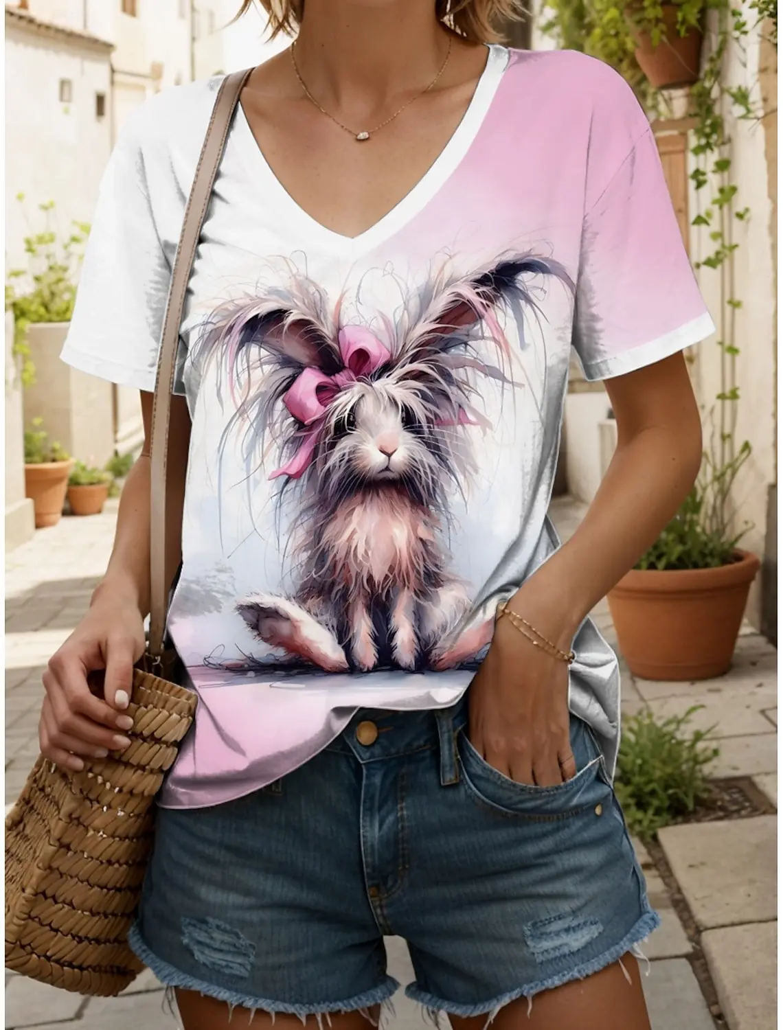 

Women's T Shirt Animal Graphic Vintage Stylish Classic Short Sleeve V Neck Regular Tops Daily Print Woman Clothes Tops for Woman