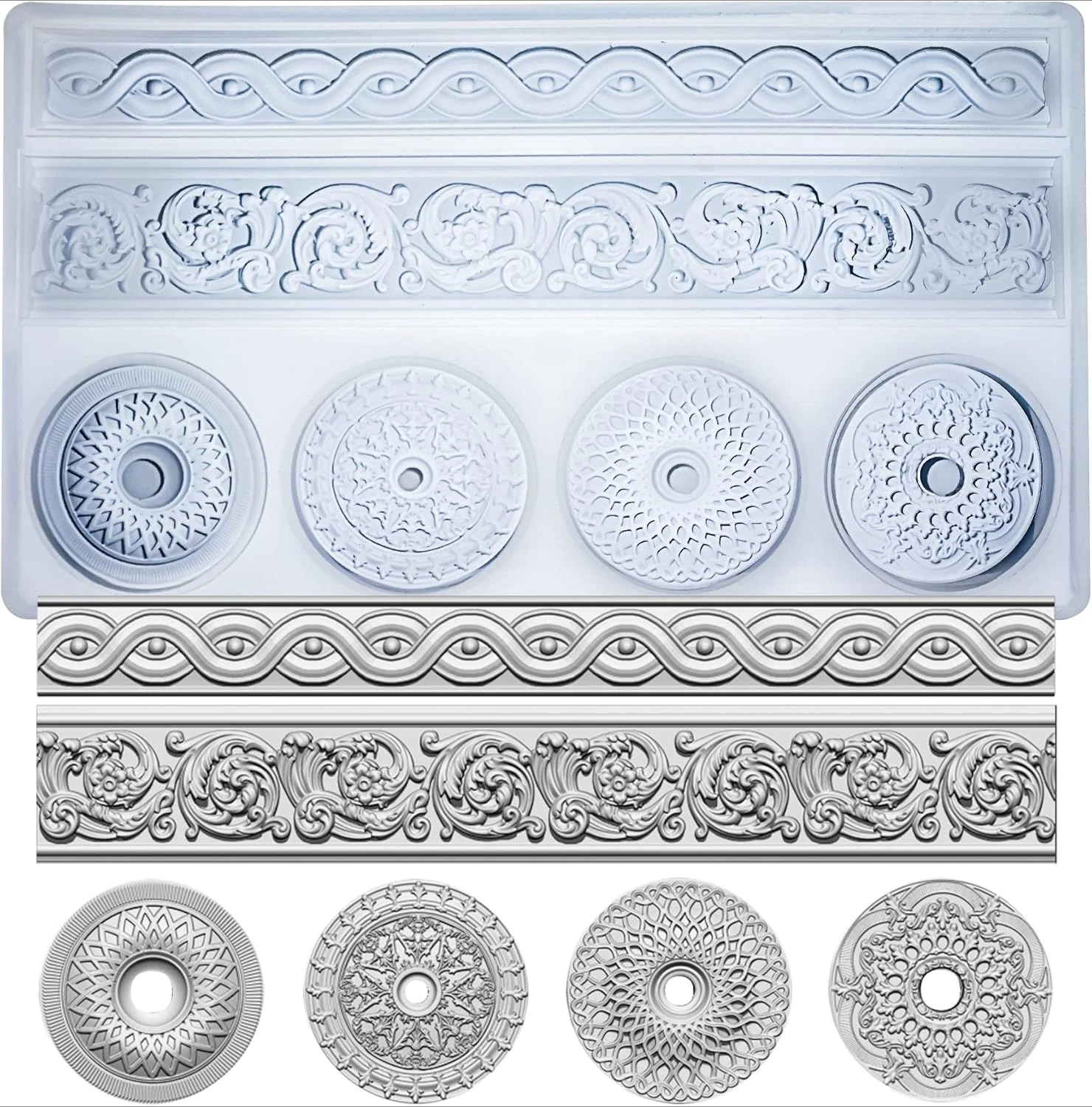 

Baroque Relief Embossed Art Silicone Mold Trims and Medals for Polyclay Air Dry Clay Plaster, Decorative Epoxy Resin Molds