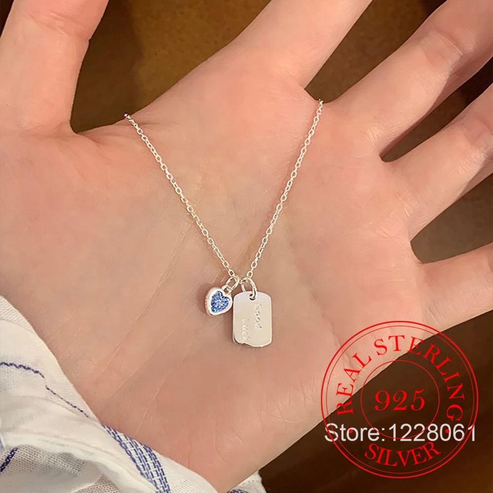 

Korean 925 Sterling Silver Blue Heart Square Brand Pendant Necklace For Women Choker Chain Wedding Engagement Party Jewelry Gift