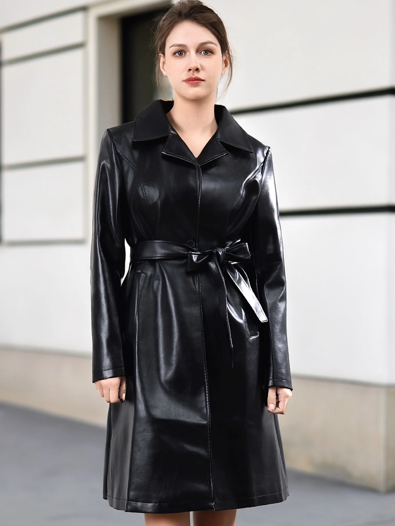 

Women's Spring Fall Mid-Length PU Leather Jacket Casual Outerwear