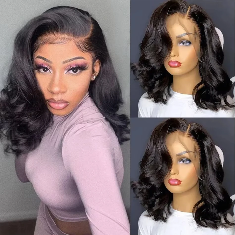 

Бесшовные парики 13x4 HD Lace Frontal без клея, из натуральных человеческих волос, с эффектом водной волны, бразильские, из девственных волос, натуральный черный цвет, короткие парики боб