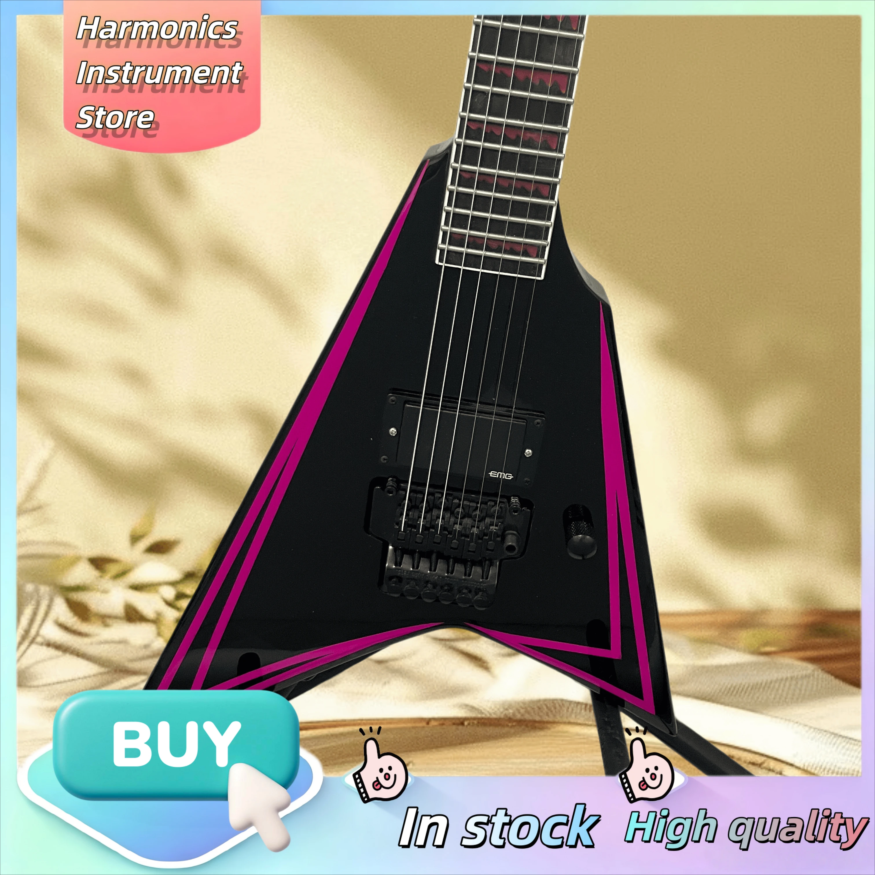 VQ Electric Guitar Gloss Black Rose‑Red Binding HH Pickups Large Double Tremolo Heavy Metal Hard Rock Stage Performance