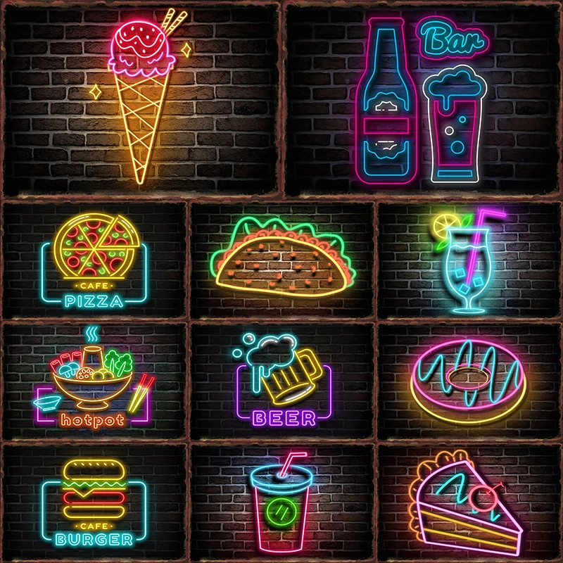 Neon Food and Drinking Metal Tin Sign Bar Club Poster Cafe Wall Decoration Beverage Shop Plaque Living Room Iron Plate Painting