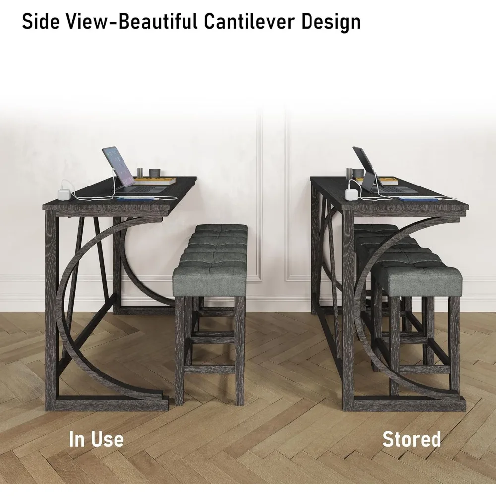 4-Piece Counter Height Bar Table Set with Socket and 3 Fabric Padded Bar Stools, Tall Kitchen Breakfast Dining Table Set with St