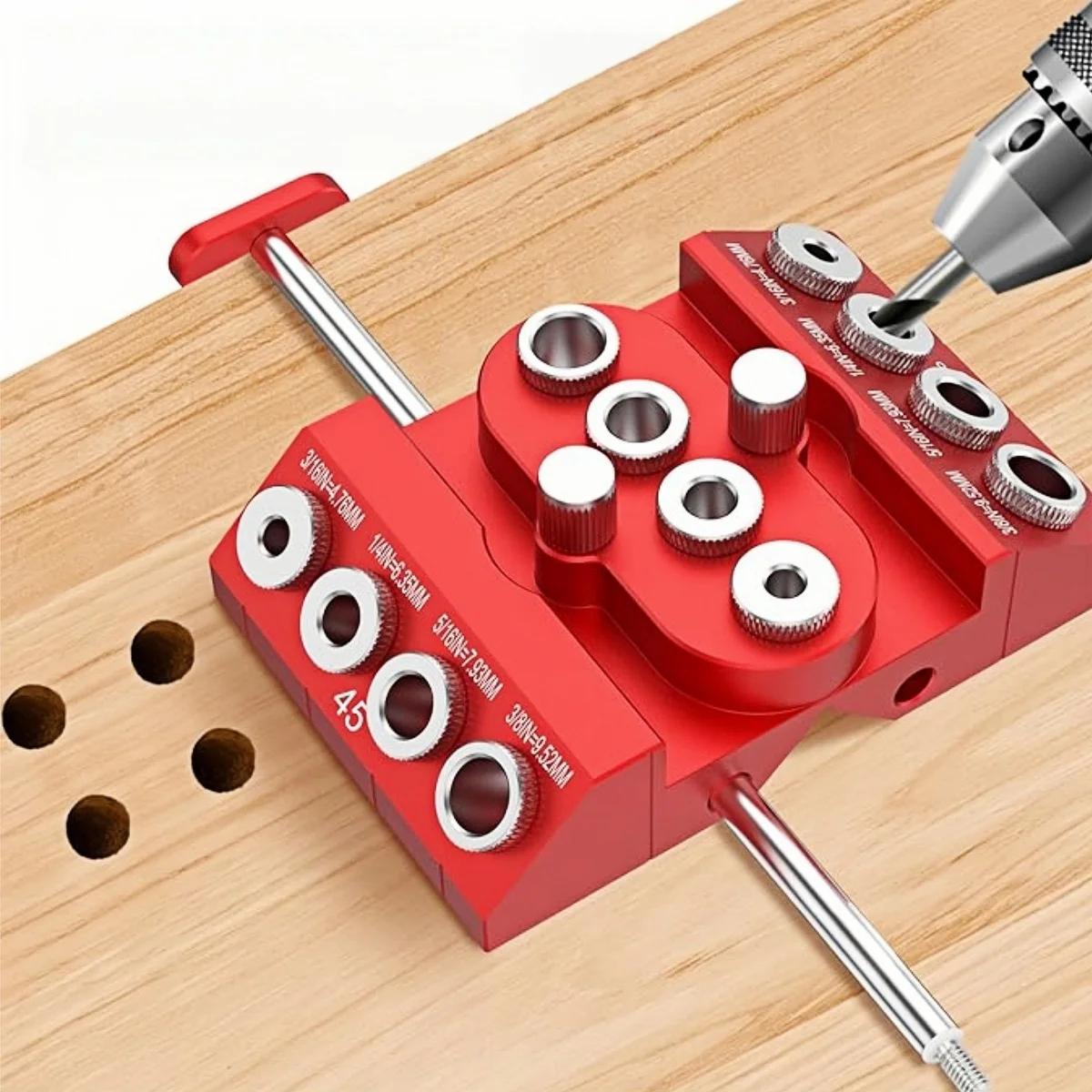 Jig Dowel Self Centering dari Paduan Aluminium dengan Batang Penentu Posisi, untuk Pengeboran Sudut Datar Bulat pada Proyek Railing Kabel & Pertukangan Kayu