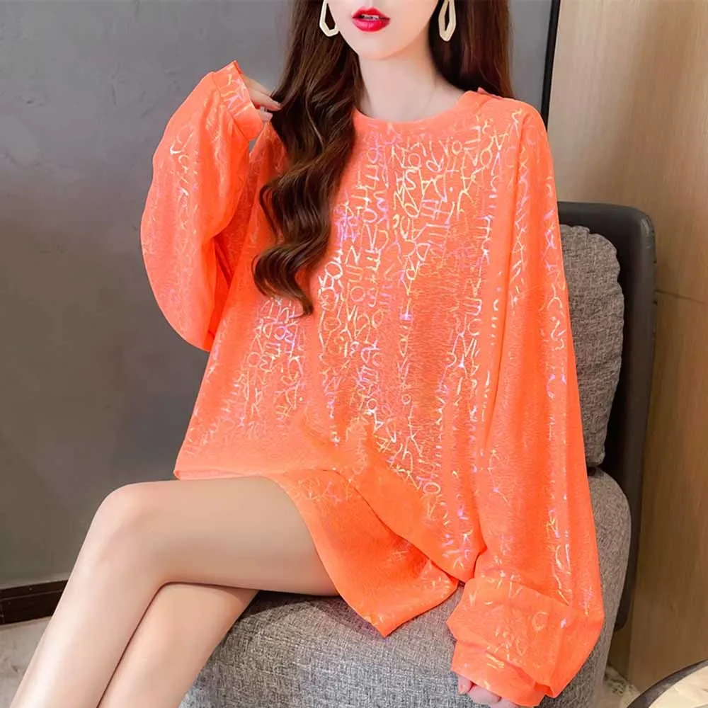 Summer Spring bright letters Mesh Long Sleeve T Shirt Women Casual T Shirt Sunscreen T Shirt Female Loose Sexy Korean Style