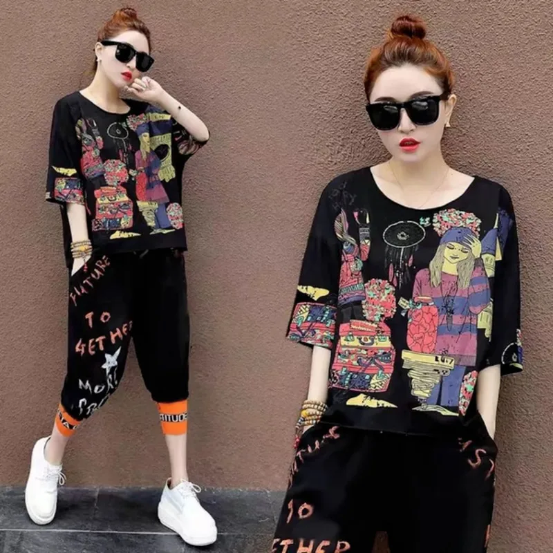 Women\'s Suit Summer Short Sleeved T-shirt And Harem Calf-Length Pants 2022 New Fashion Korean Loose Leisure Sports Two Piece Set