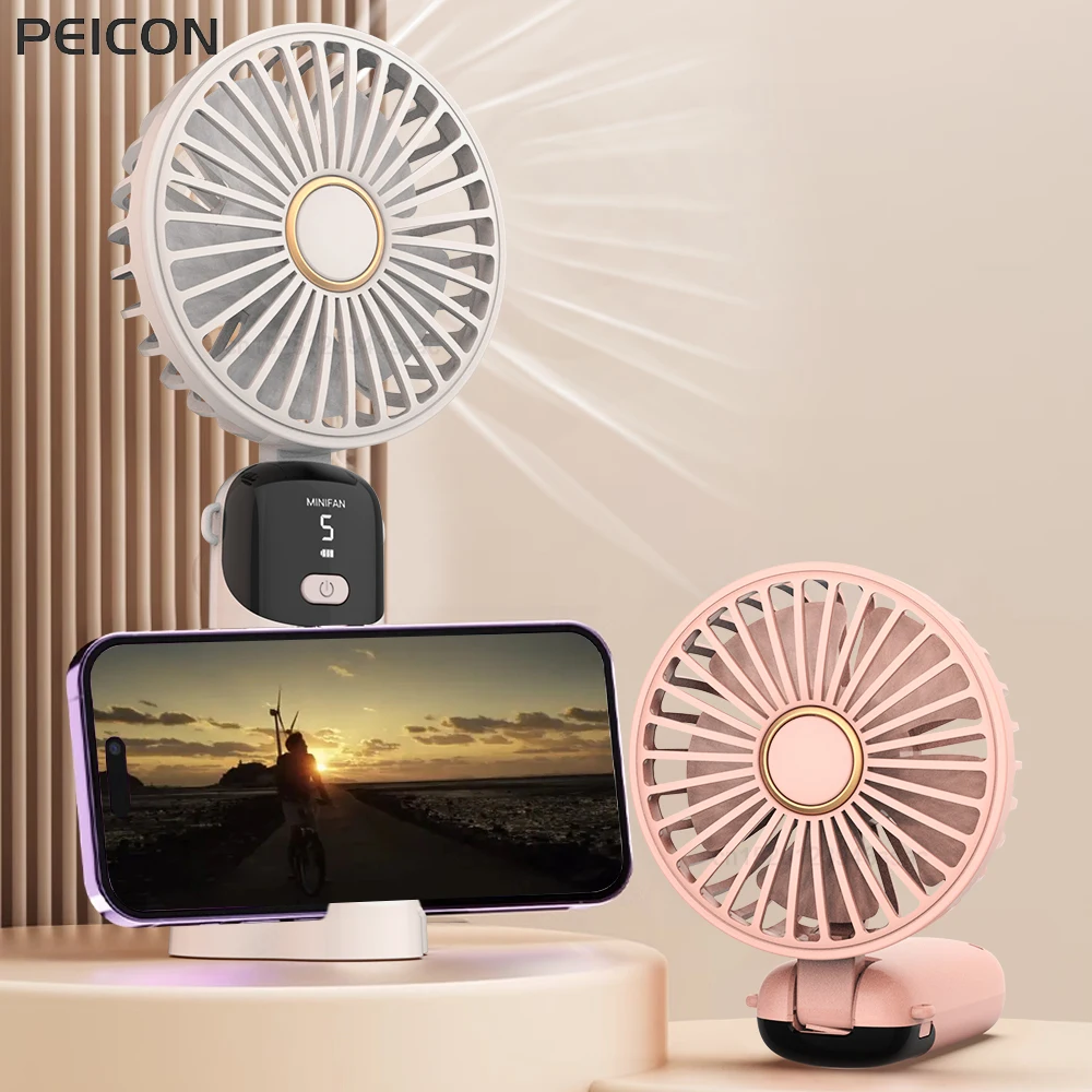 

Portable Mini Fan Handheld Mini Fan Foldable Neck Hanging Fans 5 Speed USB Rechargeable Fan with Phone Stand and Display Screen