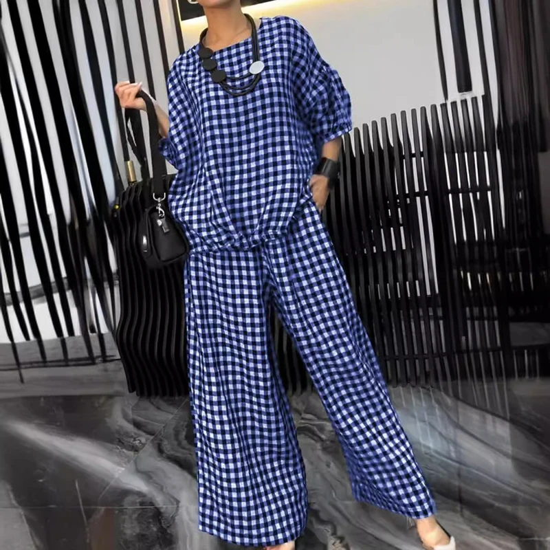 Spring Half Sleeve Sets for Women 2 Pieces O-neck Back Drawstring Top Pullover Wide-leg Pants Suit Fall Houndstooth Print Outfit