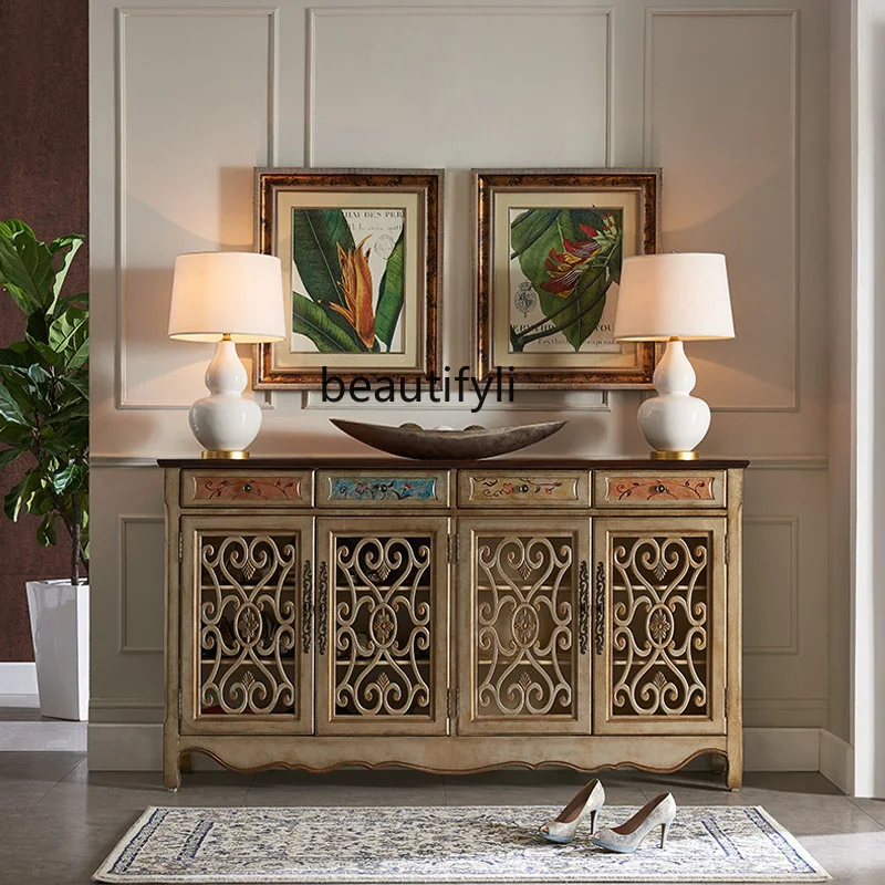 1.8m American Champagne Color Entryway Cabinet Hollow Solid Wood Shoe Cabinet Luxurious Storage Sideboard