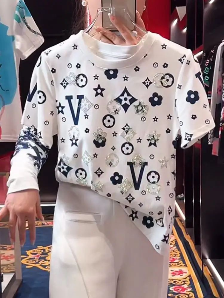 Luxo diamante geometria padrão retro t camisas de algodão branco verão manga curta camisetas topo alta rua moda feminina nicho roupas