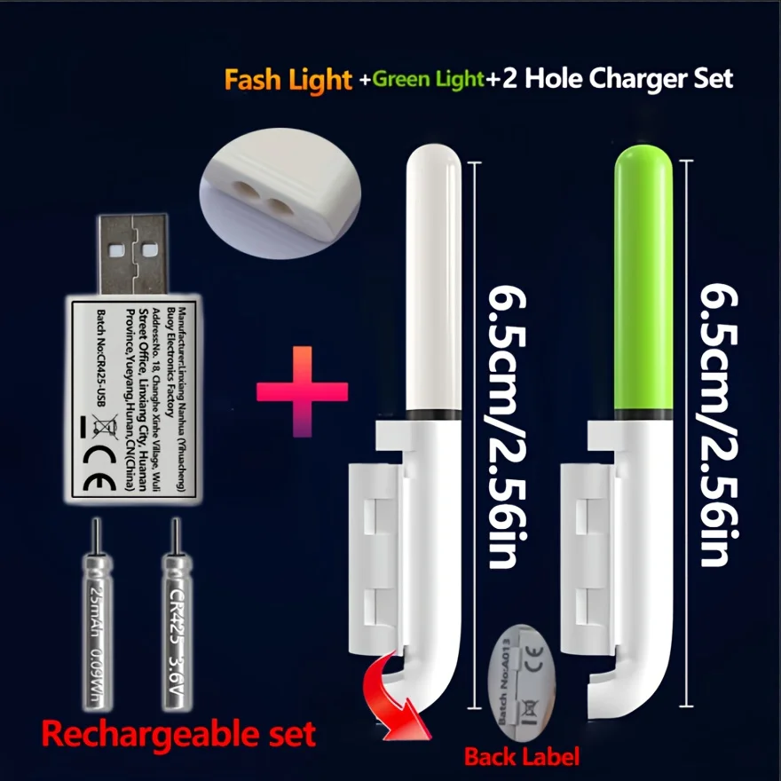 Fishing 5-Piece Set (2 Rod Tip Lights + 2 Rechargeable CR425 Batteries + 1 Dual-Port USB Charger) Rechargeable Bite Indicator