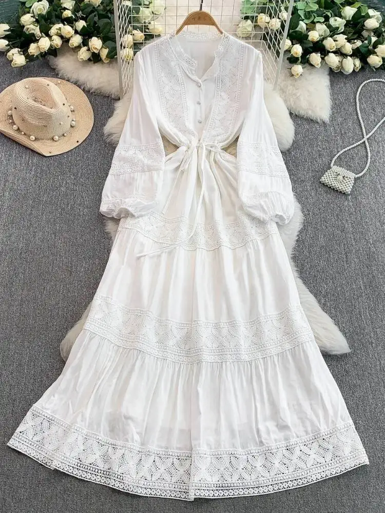 Mulheres francês rendas retalhos vestido primavera verão em torno do pescoço manga comprida vestidos vintage abotoado cordão em camadas robe