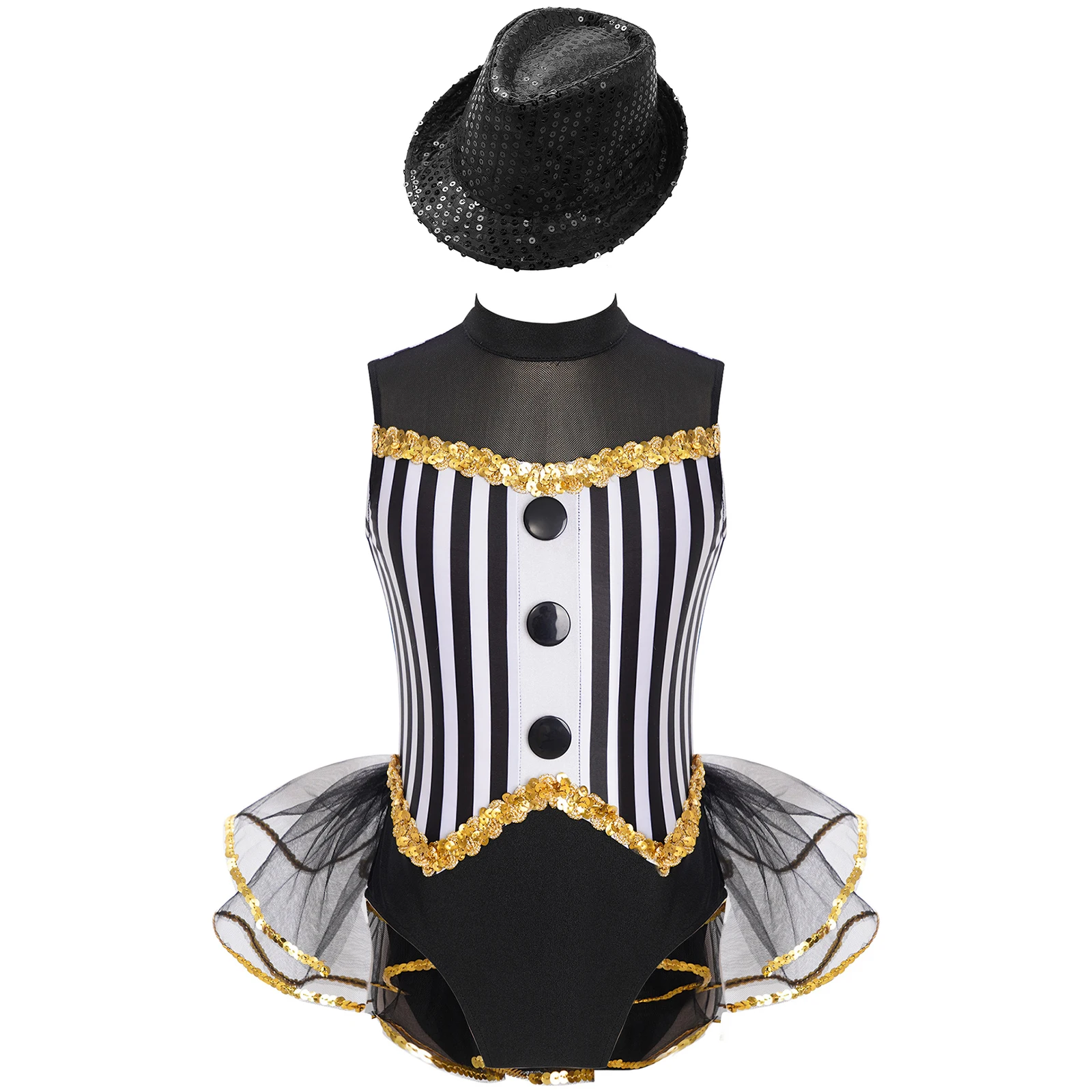 Kids Girls Jazz Dance Dance Unitards Sleeveless Sequined Trim Open Back Tulle Skirted Striped Leotard with Sequins Hat view 6