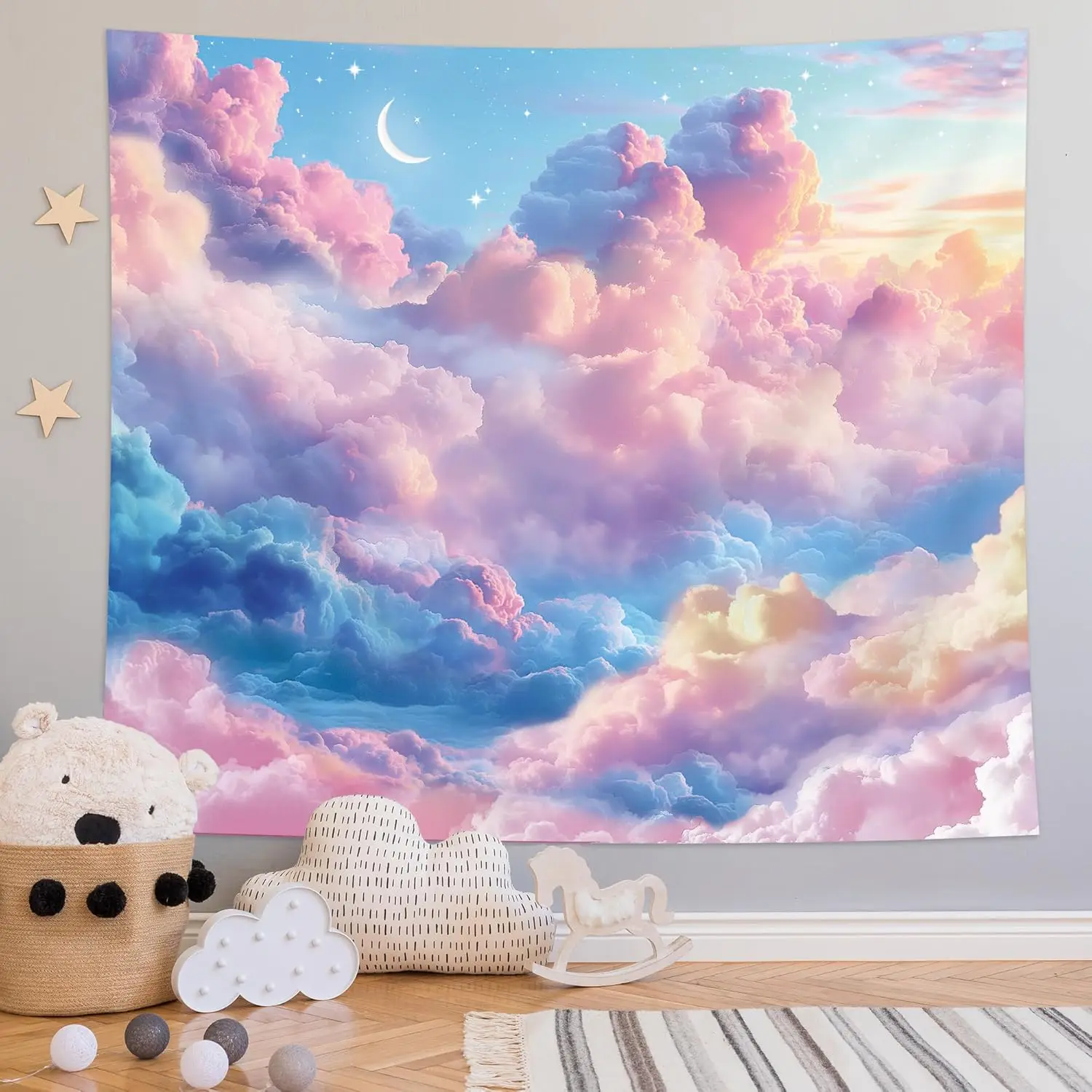SVBright Sky Cloud Wandtapijt 59Wx51H Inch Roze Blauwe Maan en Sterren Sterrennacht Wonderland Fantasy Dreamland voor meisjes Prinses H