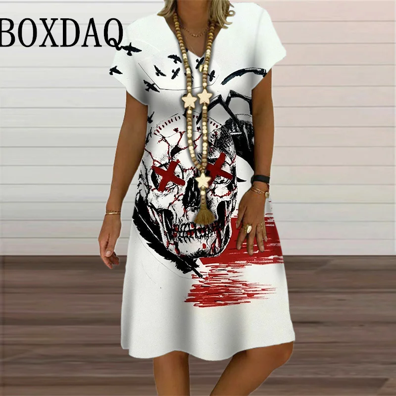 Summer 3D Flower Print Dress For Women Terror Skull Oversize Casual Loose V-Neck Short Sleeve Dress Street Fashion Party Clothes