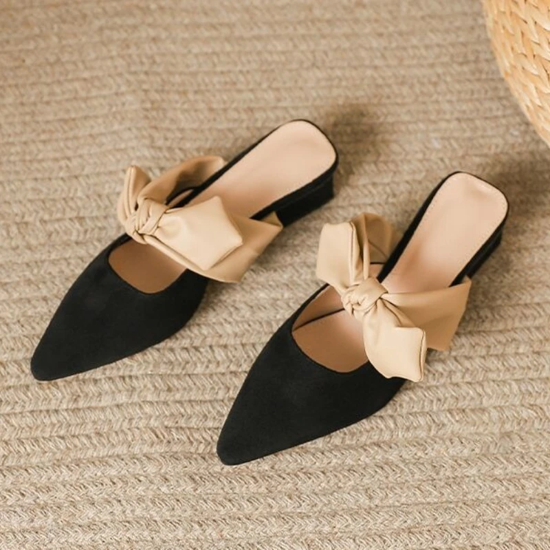 

2026 New Women's Gentle Wind Velvet Lightweight Baotou Half Slippers Spring and Summer Fashion Bow Decorated High Heel Slippers
