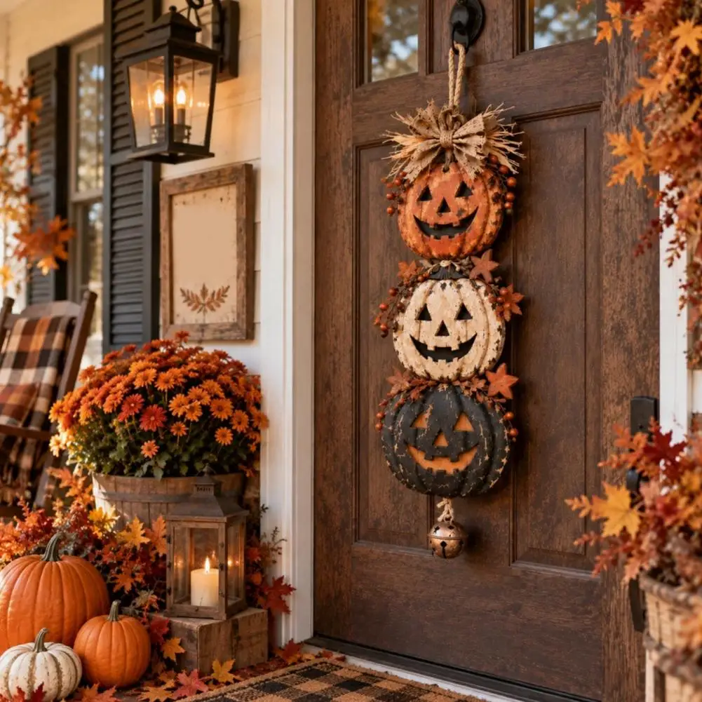 Rustic Pumpkin Door Decor Stacked Pumpkin Ghost Sign Halloween Stacked Pumpkin Door Hanger Vintage Jack-o-lantern Wall for Porch