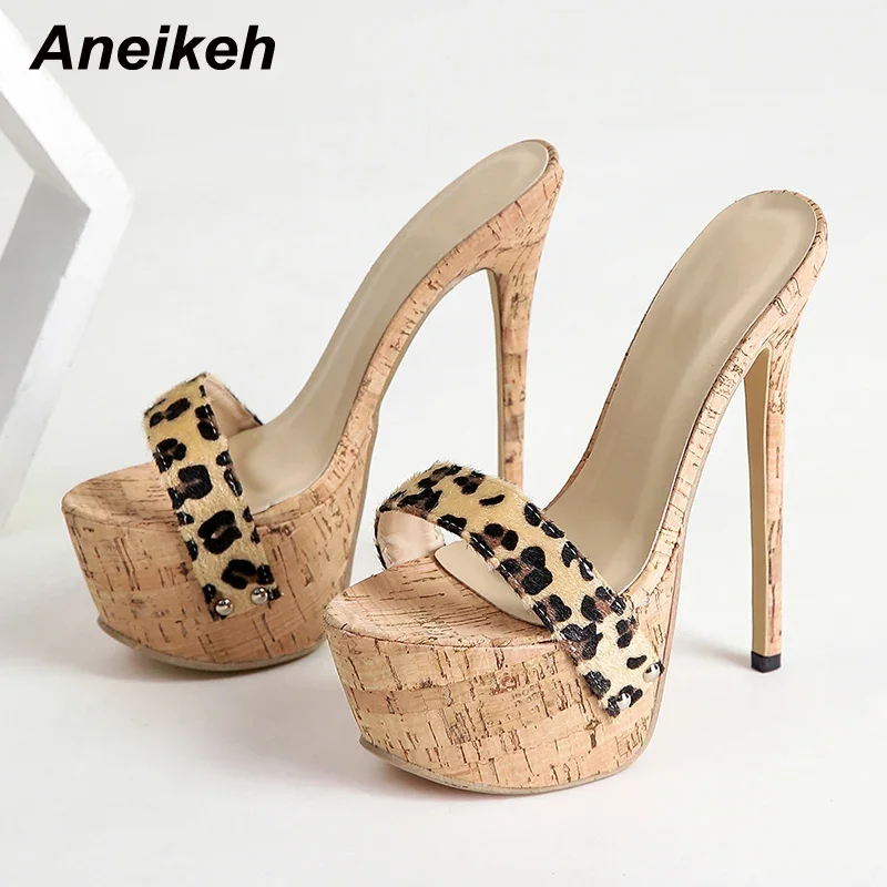 Aneikeh Sexy Leopard Platform Sandals High Heels 2024 Summer Slippers Mules Ladies Fashion Peep Toe Slip On Club Shoes Sliders