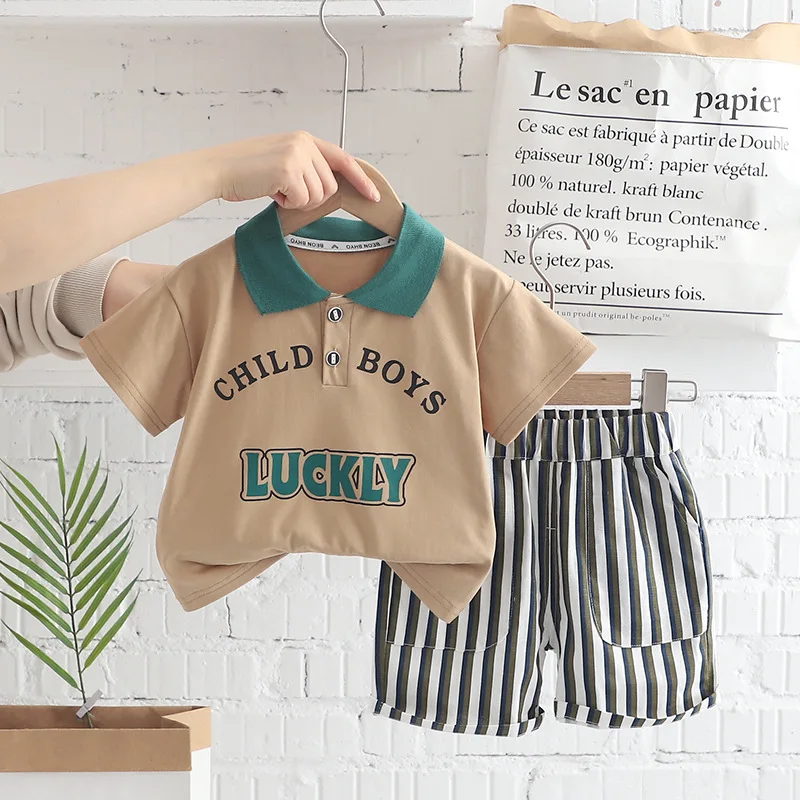 

Summer Infant Boy Clothes Two Piece Set 2025 Korean Casual Letter Printed Turn-down Collar T-shirts Tops and Shorts Boys Outfits