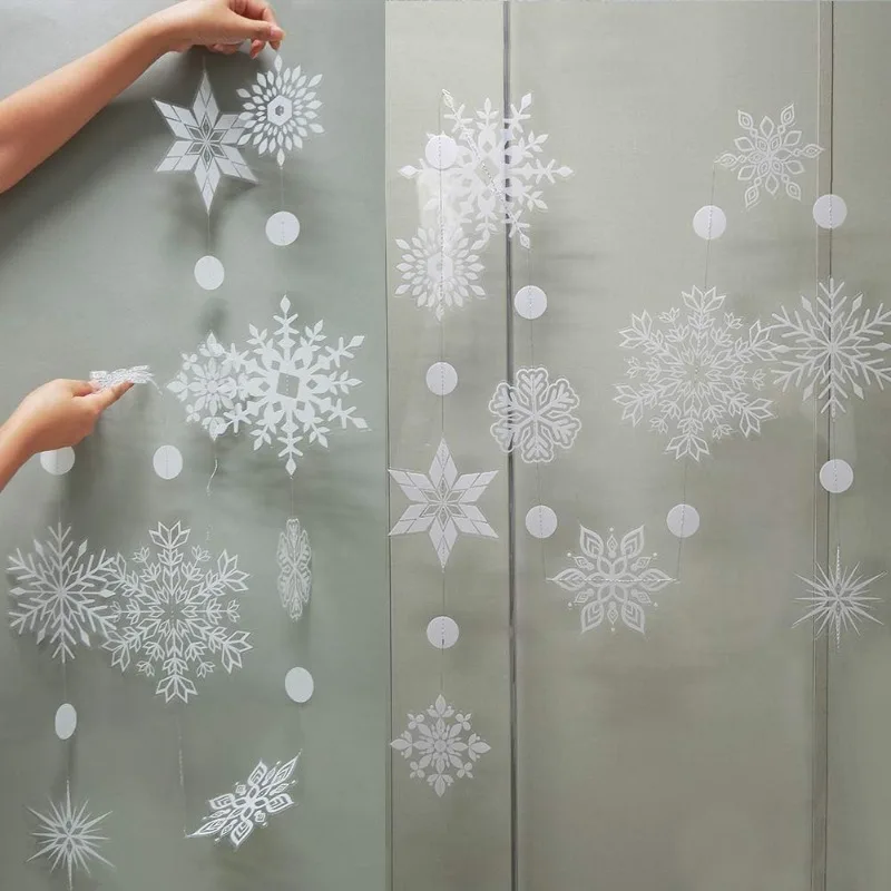 4Strings Winter Wonderland White Clear Snowflake Garland Kit Hanging Snow Flake for Christmas New Year Party Decoration for Home