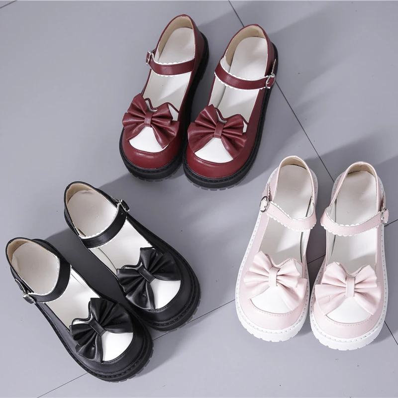 Japanese Lolita Thick Bottom Women's Shoes Cute Bowknot Round Head Doll Shoes Flat Bottom Soft Sister Leather Shoes Kawaii Shoes