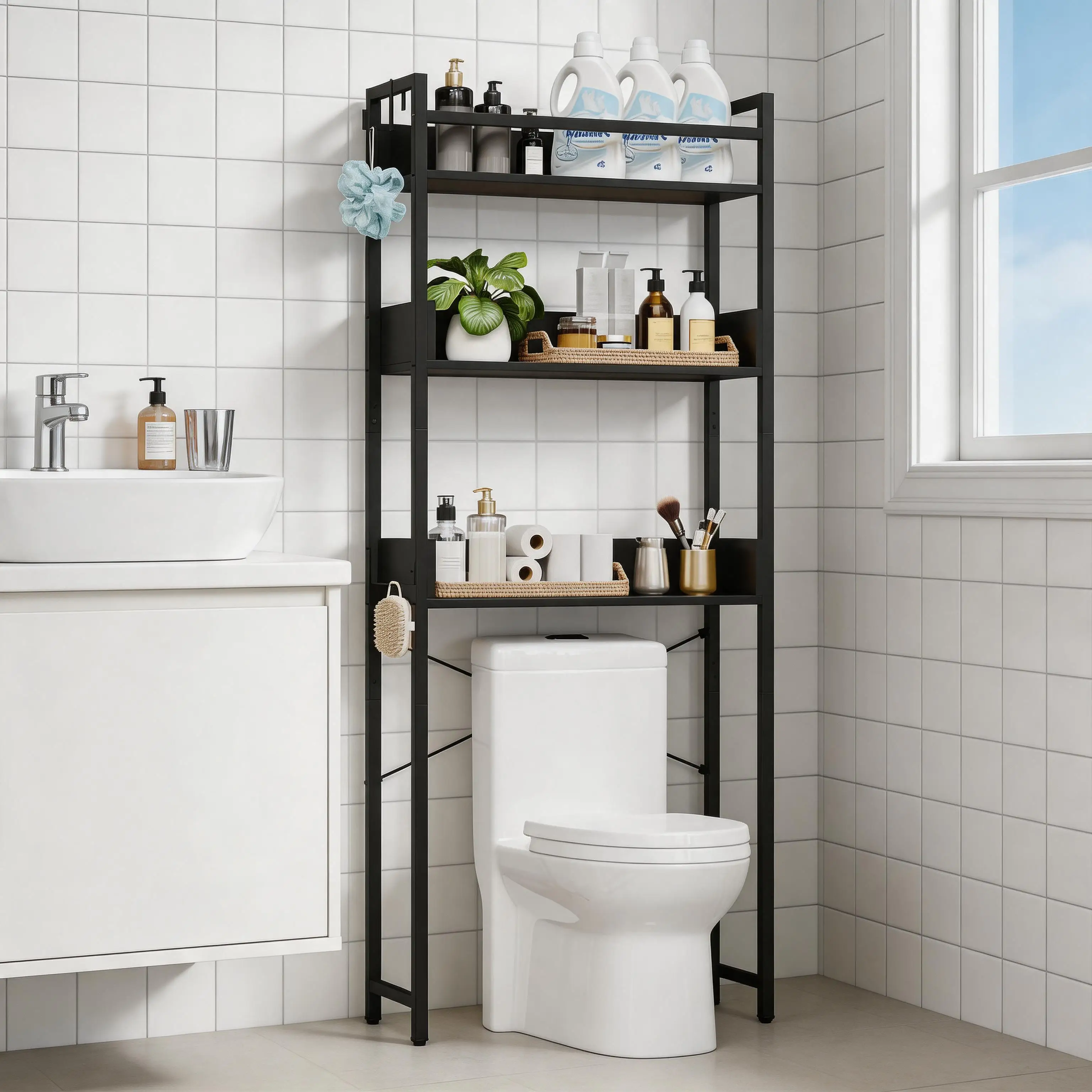 Platzsparendes Aufbewahrungsregal über der Toilette – 3-stöckiges Metall-Badezimmerregal mit abnehmbaren Handtuchhaken – Freistehender Ständer für Toilette, Waschküche, Badezimmerzubehör