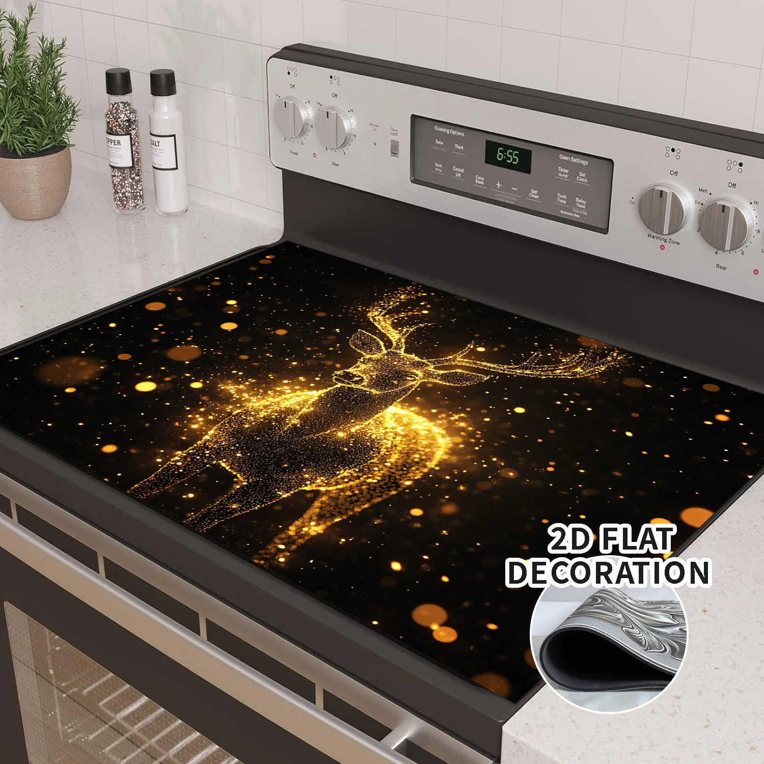 Golden Glitter Deer Black Background Stove Top Cover, Non‑Slip Heat Resistant Mat, Easy Clean Stove Decor for Electric Gas Stove