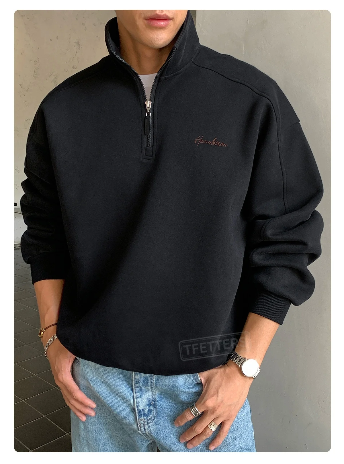 TFETTERS EU Size 2026 Autumn Casual Half Zip Pullover Men Stand Collar Minimal Letter Embroidered Long Sleeve Sweatshirt Man