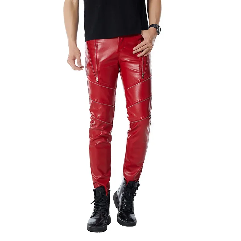 2024 Men\'s Red Personal Leisure Zipper Pu Stitching Leather Pants